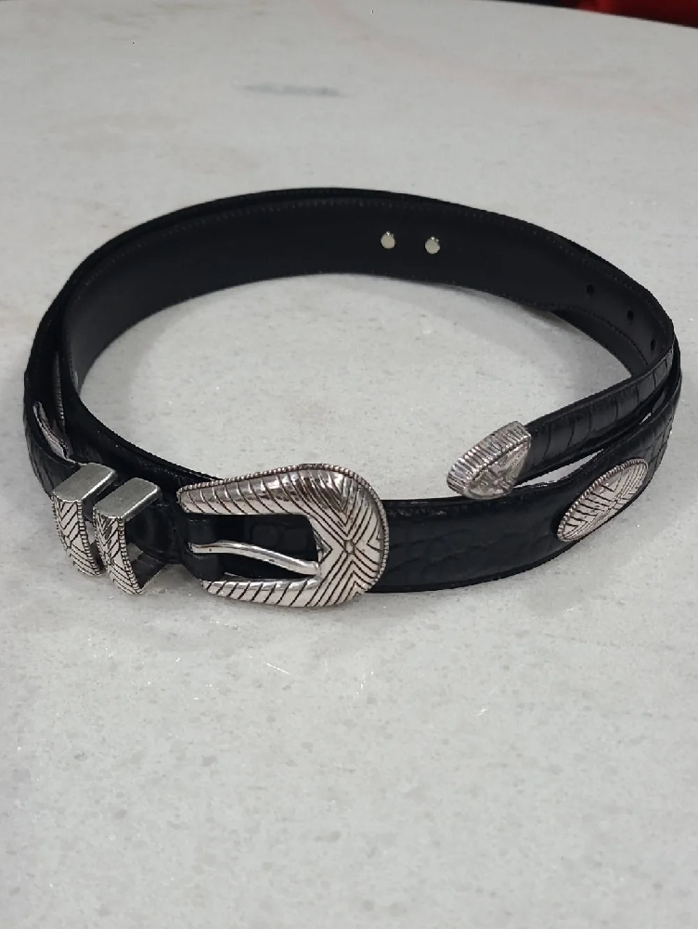 Fossil Black croc Embos Leather Belt with Silver Western-Style Buckle and Accent